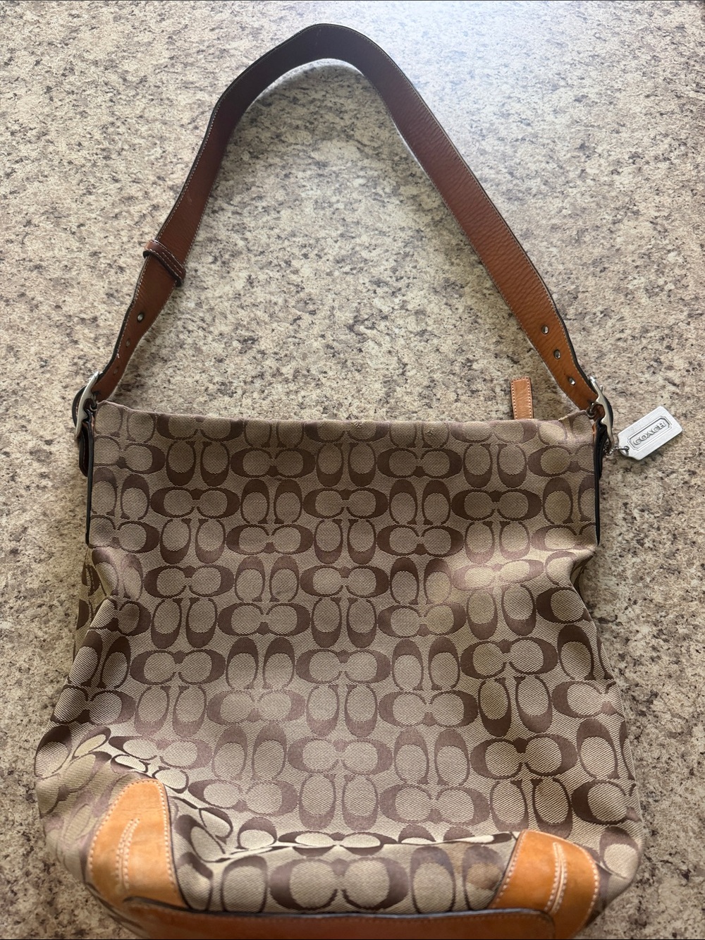 VINTAGE Signature-Pattern Brown Shoulder Bag with Leather Trim